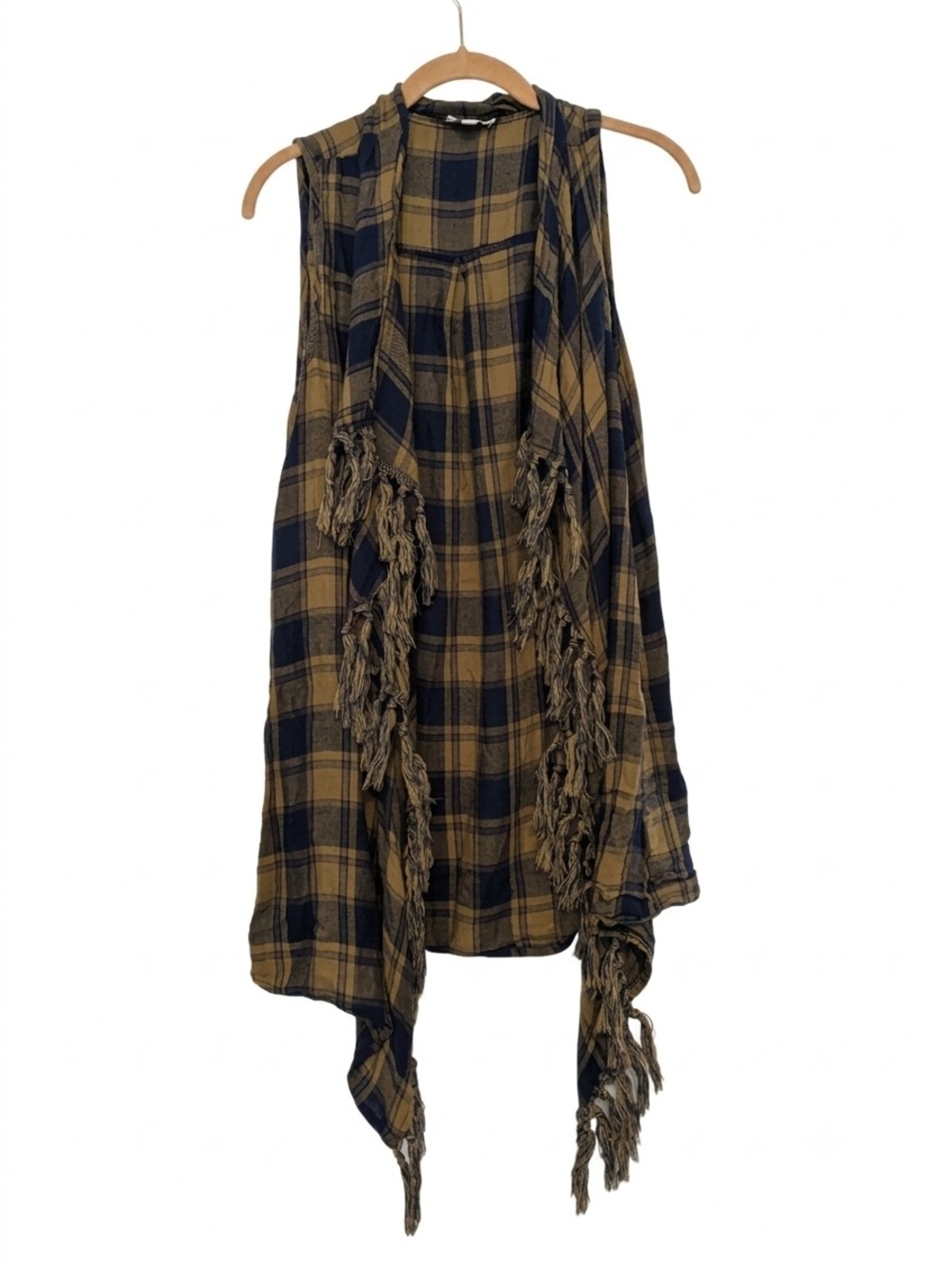 UMGEE USA Plaid Vest Wrap Cardigan Womens Large Mustard Brown Fringe Drape Boho